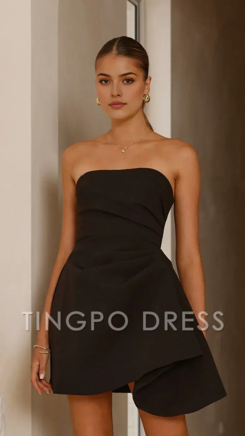 TingPo Wholesale Elegant Romantic Asymmetric Black Dress: Enchant at Proms